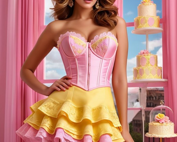Model in Pink and Yellow Outfit with Whimsical Cake