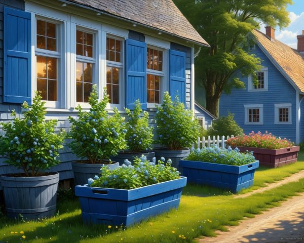 Charming Blue Houses in a Lush Garden Setting
