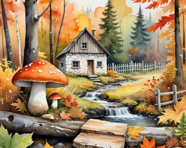 Cottage in Vibrant Autumn Landscape with Stream and Trees