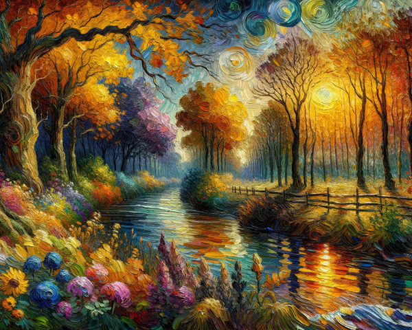 Vibrant Autumn Landscape with Winding Stream and Trees