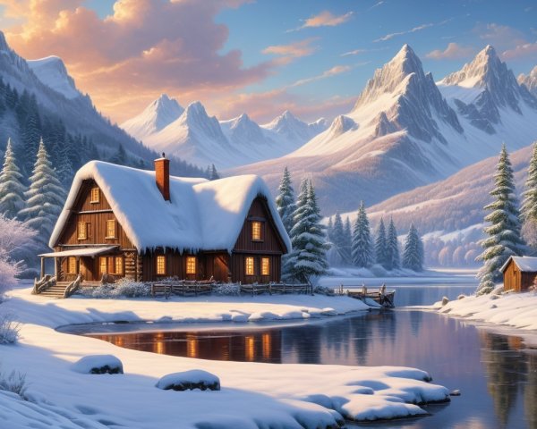 Wooden cabin by frozen lake in snowy mountains