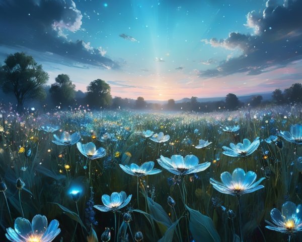 Luminous Flower Field Under Starry Sky and Moonlight