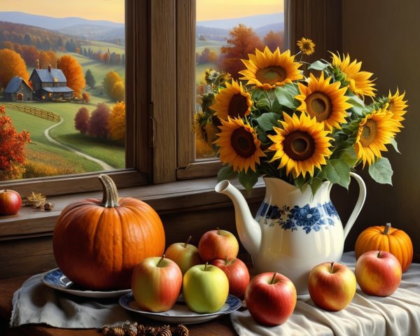 Cozy Autumn Scene with Sunflowers and Pumpkins