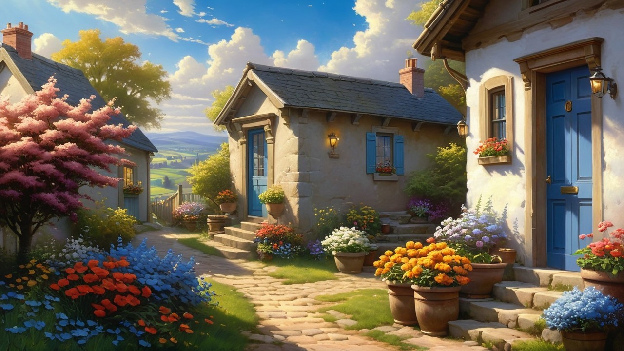 Charming Village with Cottages and Colorful Flowers