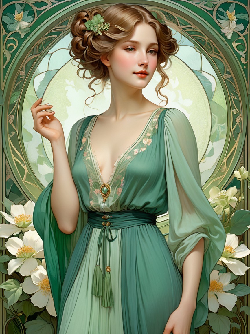 Graceful Woman in Flowing Gown Among White Flowers