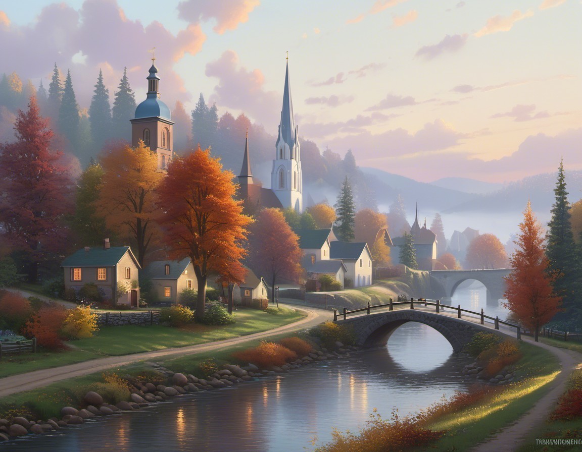 Serene Village Scene with Cottages and Autumn Trees