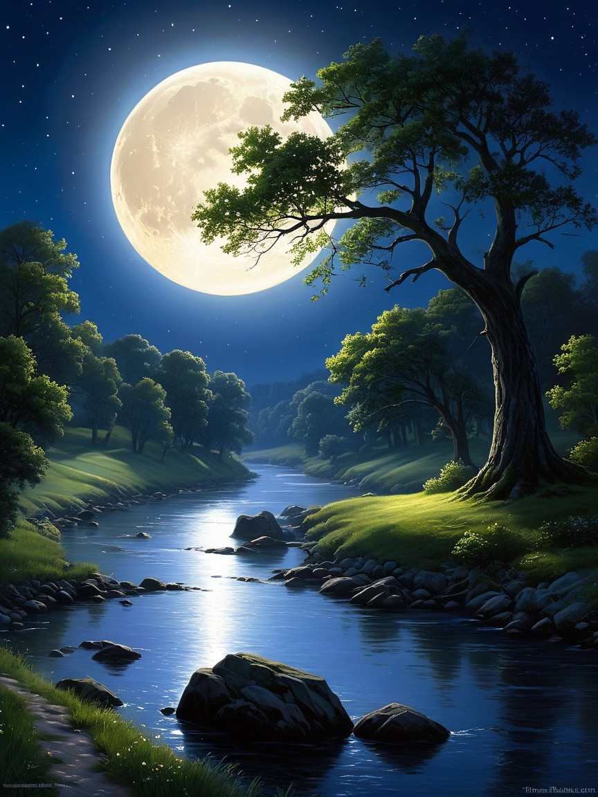 Serene Night Scene with Full Moon Over Calm River