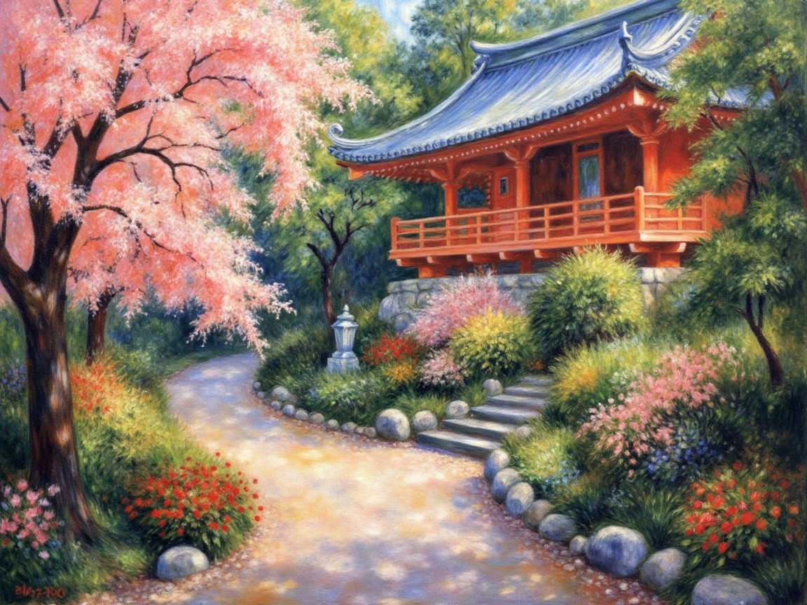 Traditional Red Pavilion Surrounded by Cherry Blossoms