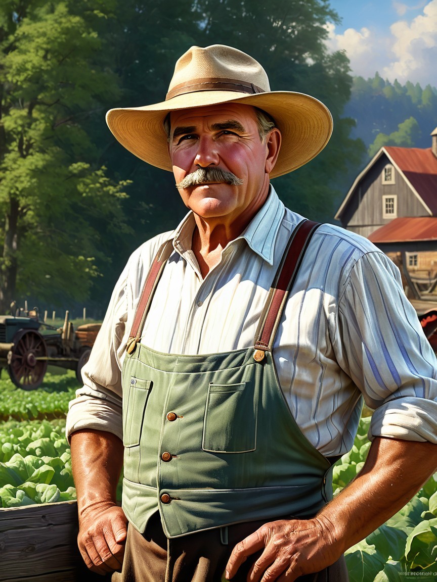 Confident Farmer in Lush Green Field with Barn