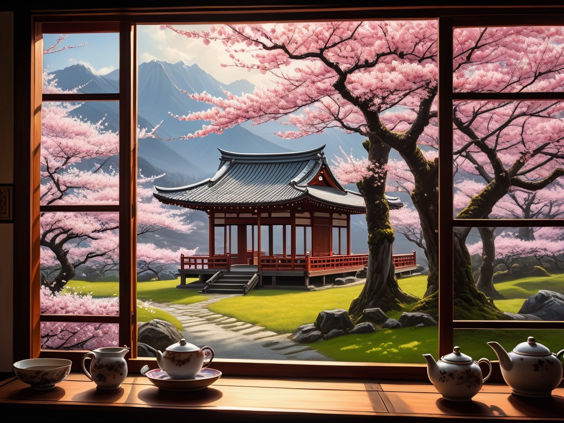 Traditional Japanese Scene with Cherry Blossoms and Tea Sets