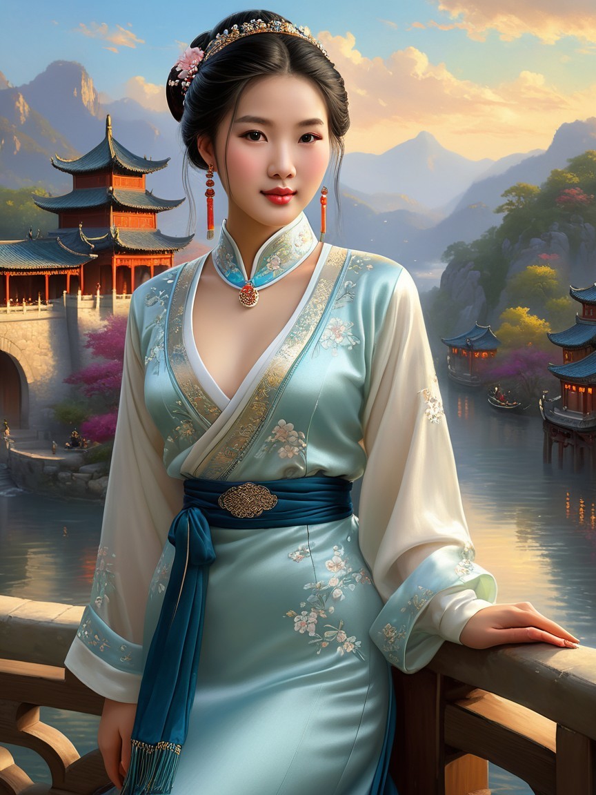 Elegant Young Woman in Traditional Light Blue Gown