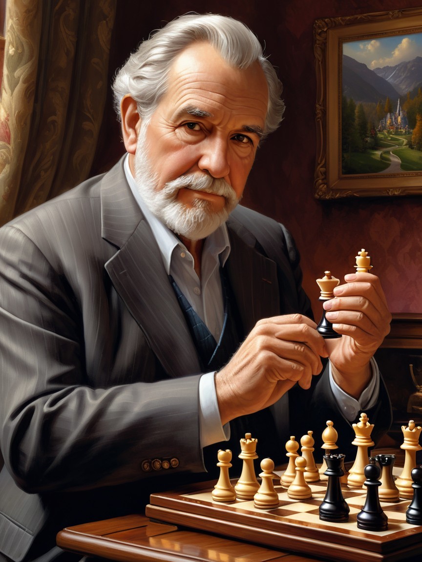 Elderly Man in Suit Contemplates Chess Move at Table