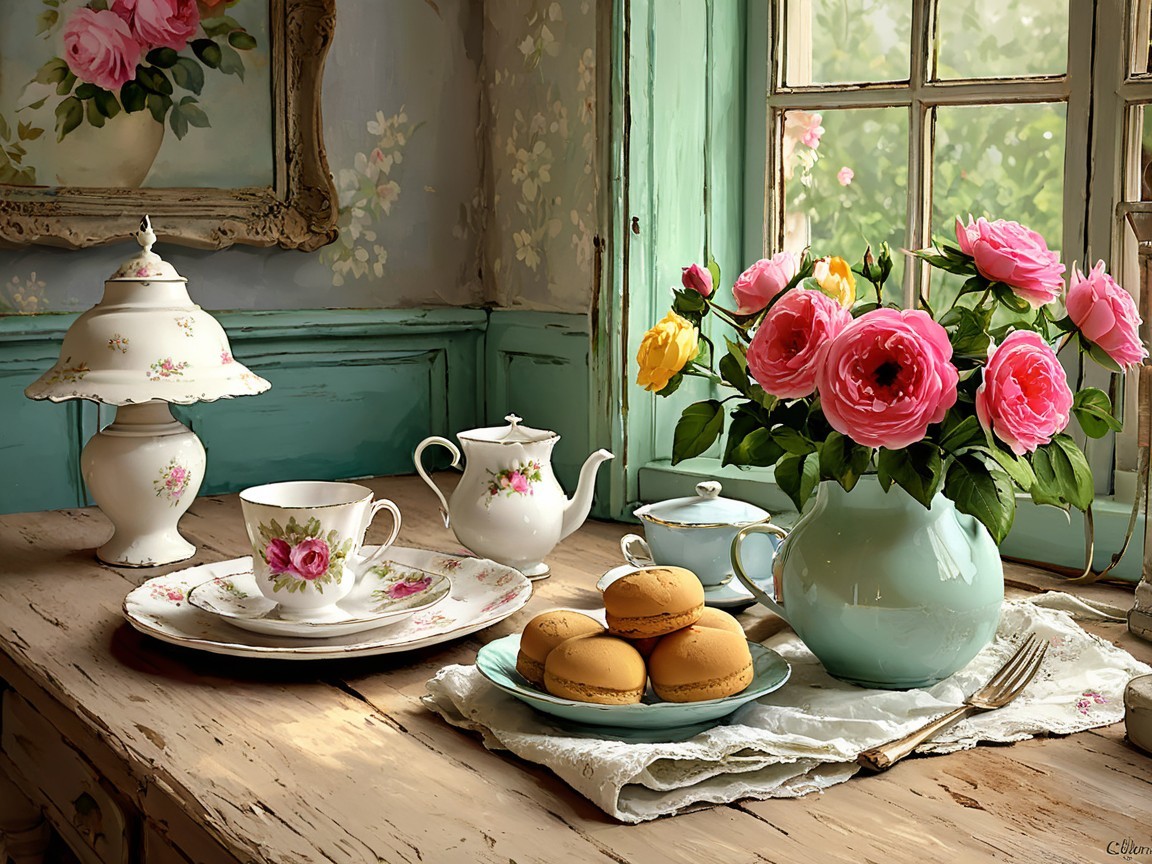 Vintage tea setting with floral porcelain and roses