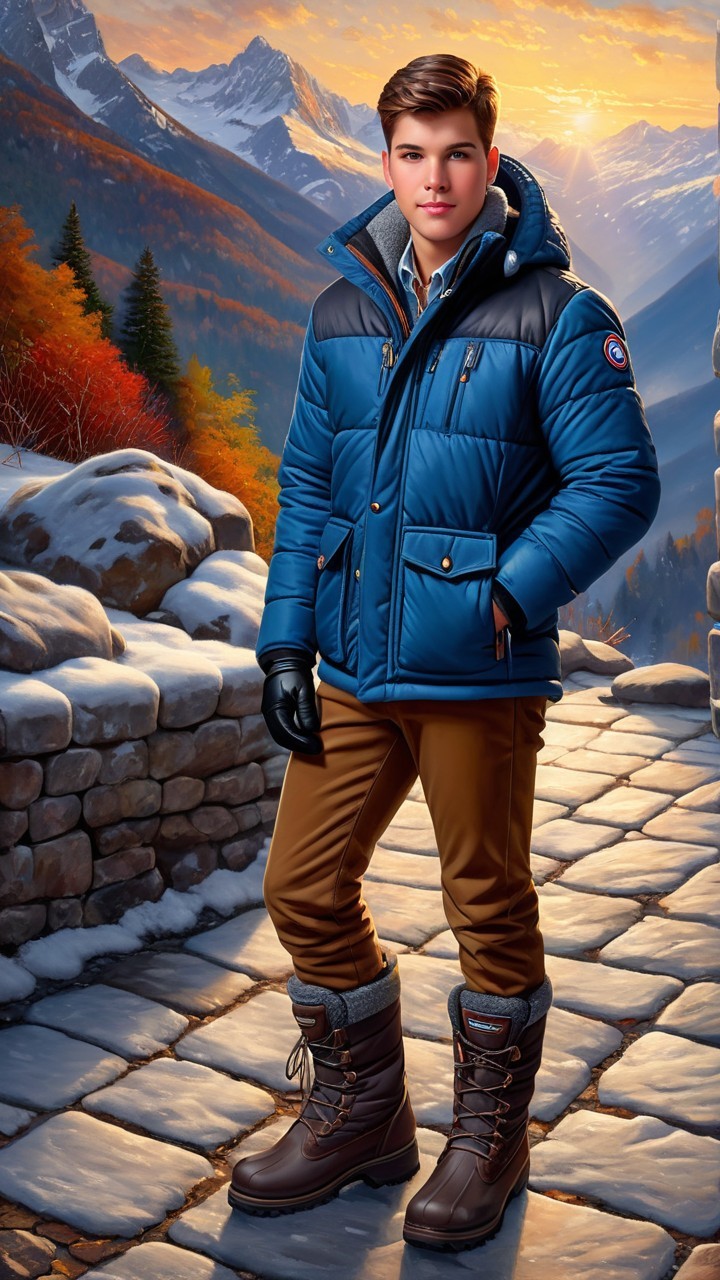 Young man in blue jacket on autumn path with mountains