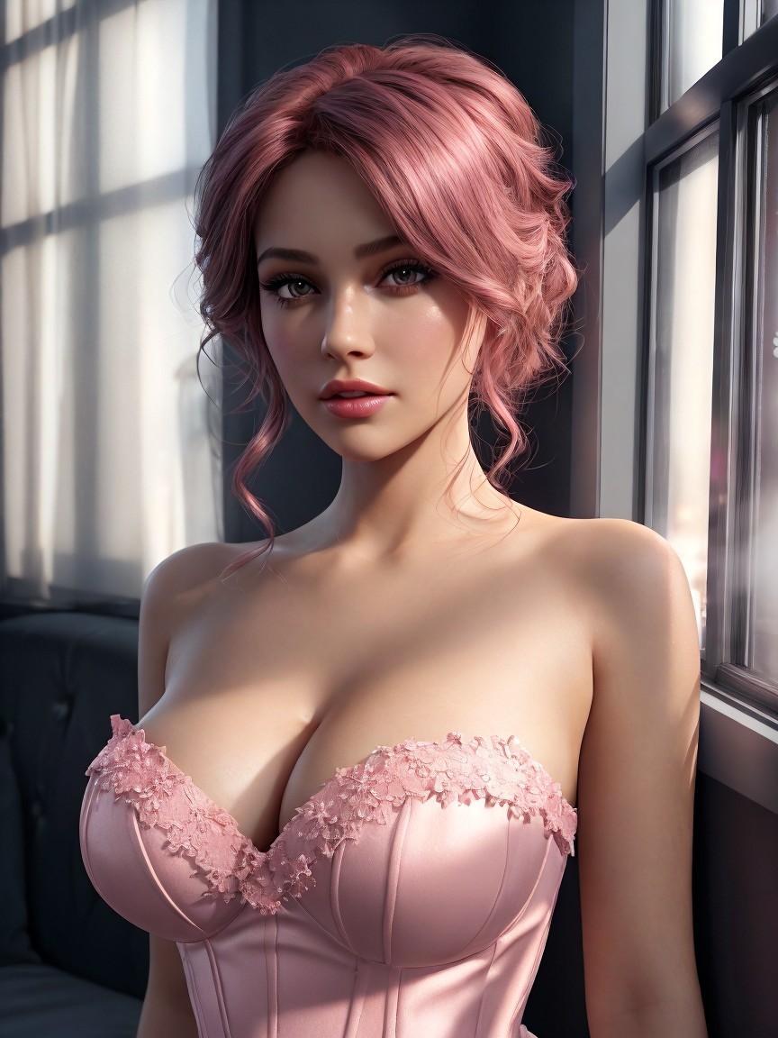 Portrait of a Young Woman with Pink Hair and Corset