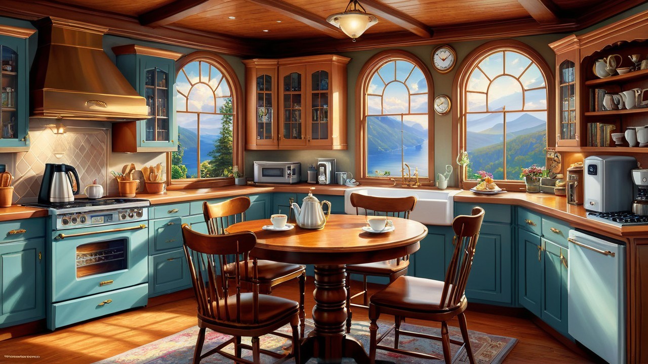 Charming Country Kitchen with Blue Cabinets and Mountain View
