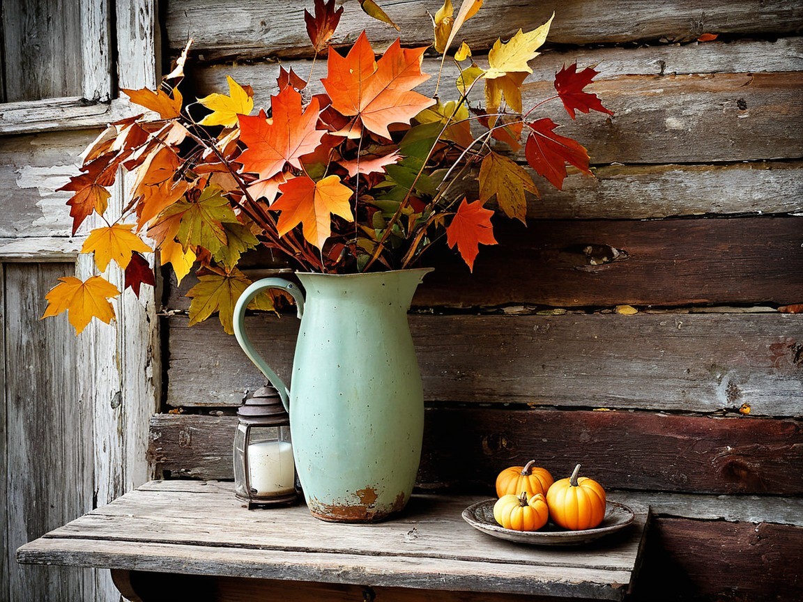 Rustic Shelf with Autumn Decor and Textured Background