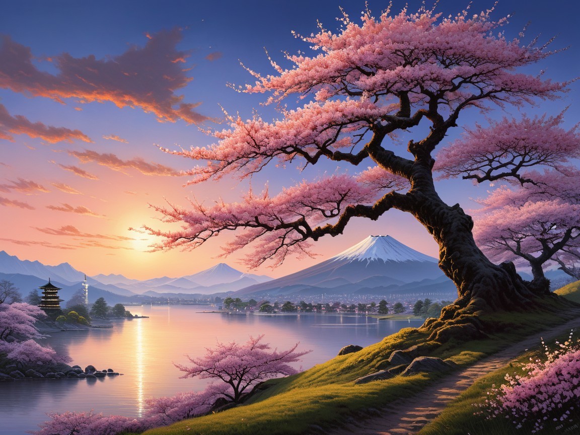 Tranquil Lake and Cherry Blossoms at Dawn with Fuji