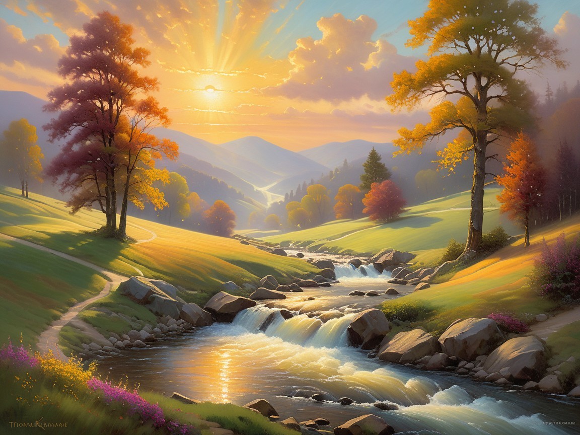 Serene Landscape with Stream and Autumn Foliage