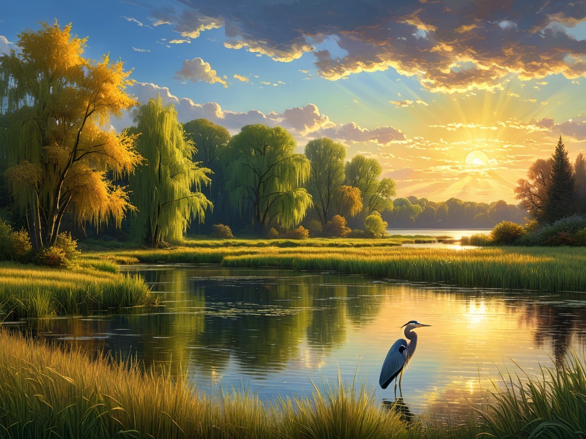 Tranquil Sunset Landscape with Pond and Heron