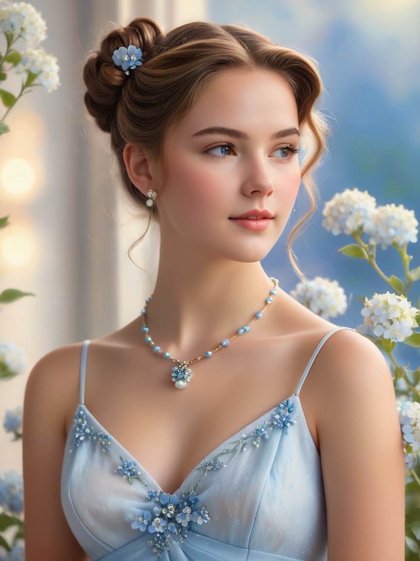 Elegant young woman in blue gown among blooming flowers