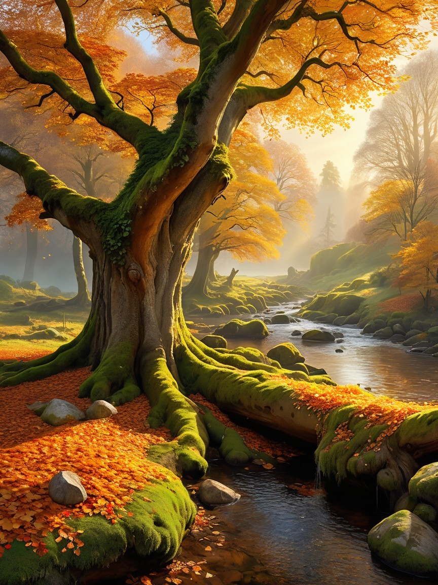 Autumn Landscape with Majestic Tree and Stream