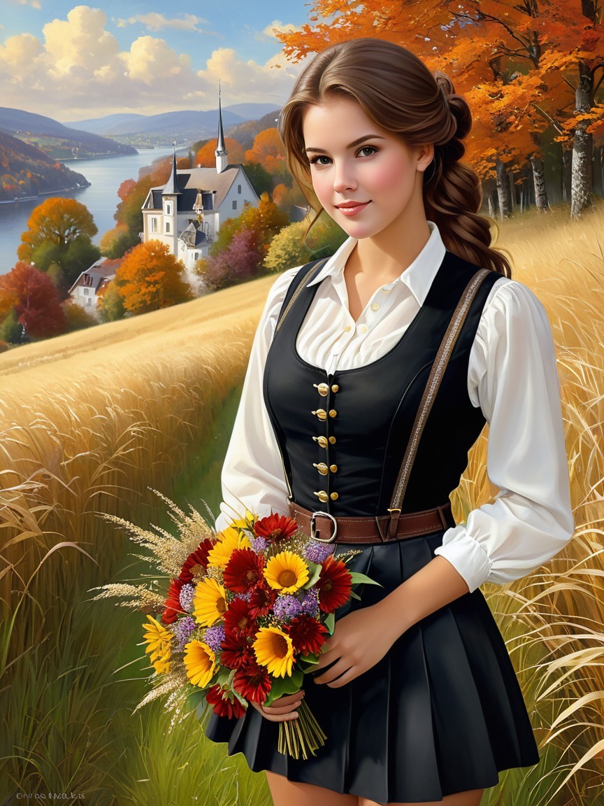 Young Woman in Traditional Outfit Amid Autumn Landscape
