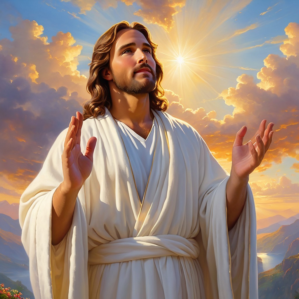Serene figure in white robes against radiant clouds