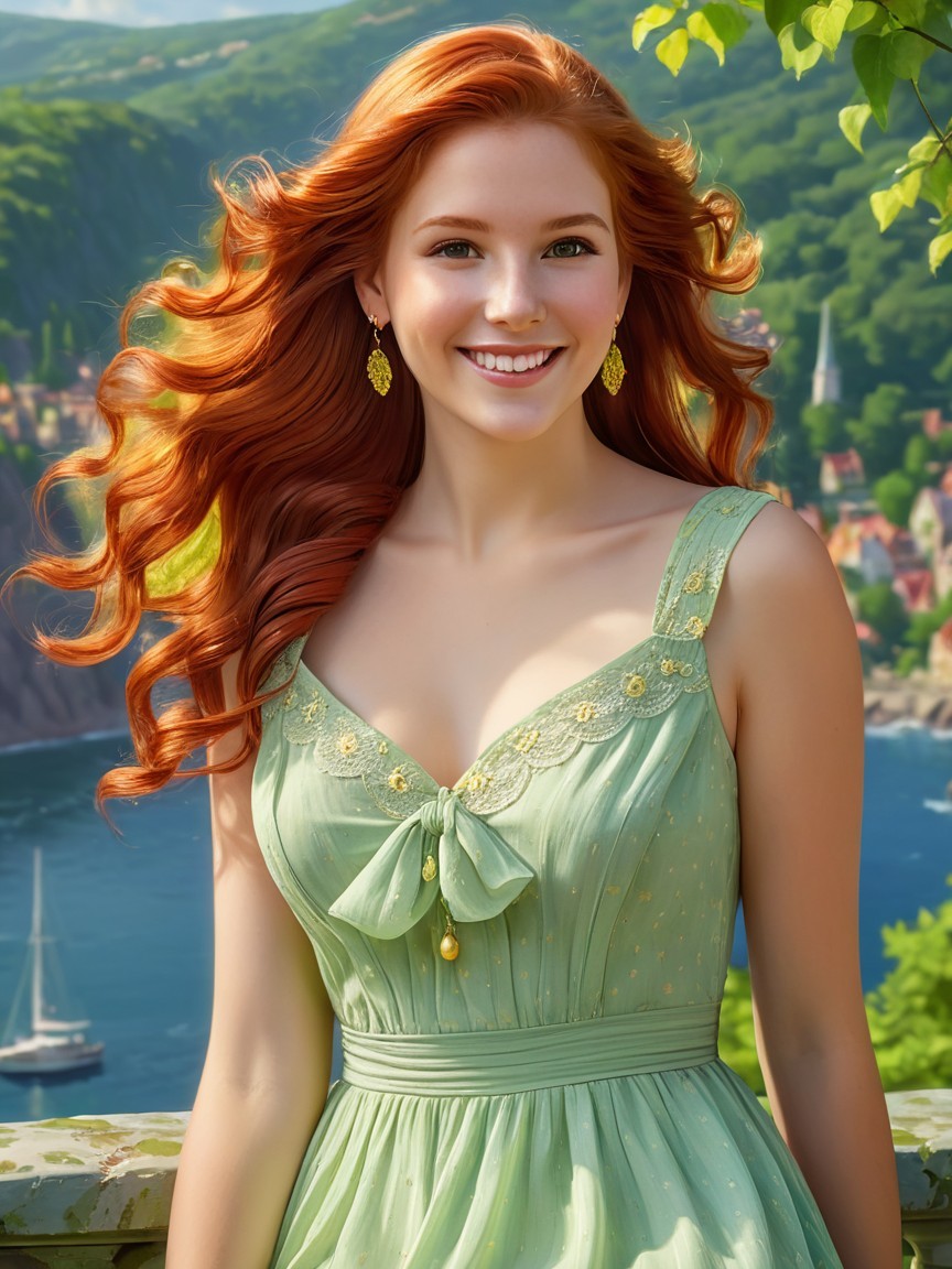 Young woman in mint-green dress against scenic landscape