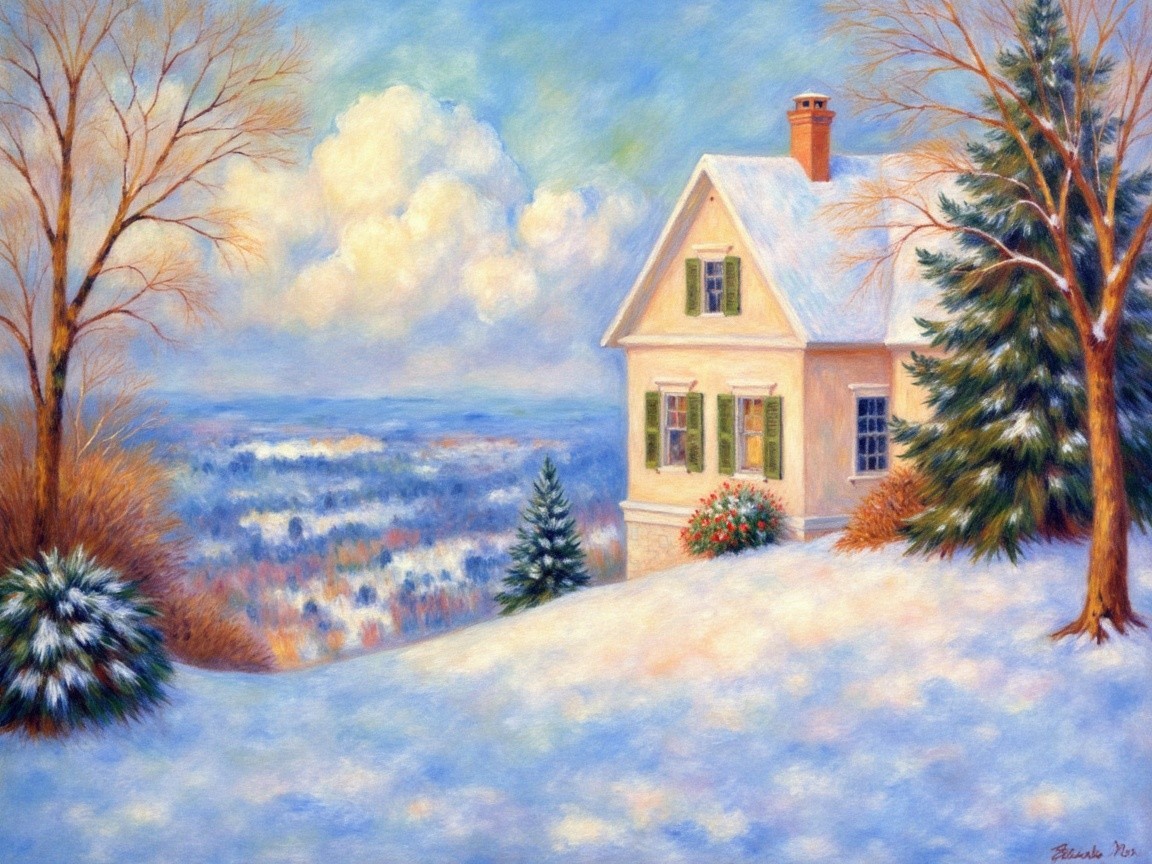 Cozy Winter Landscape with Pastel House and Snow