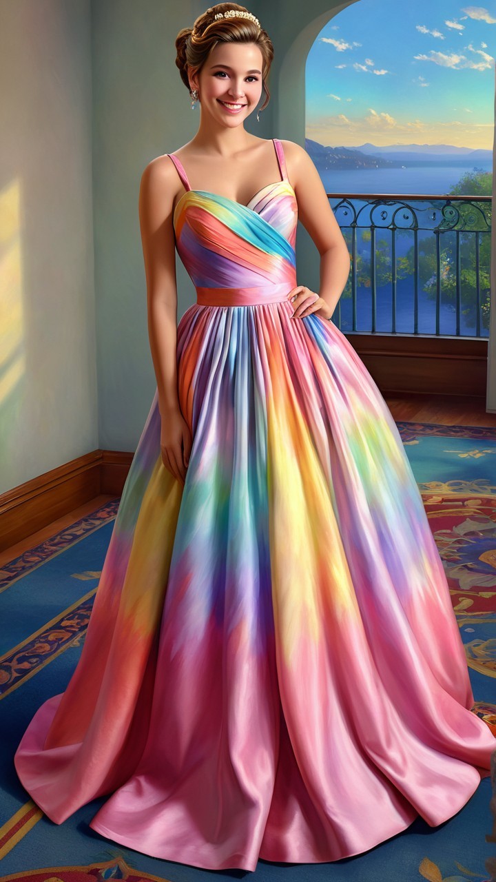 Young woman in vibrant pastel tie-dye gown