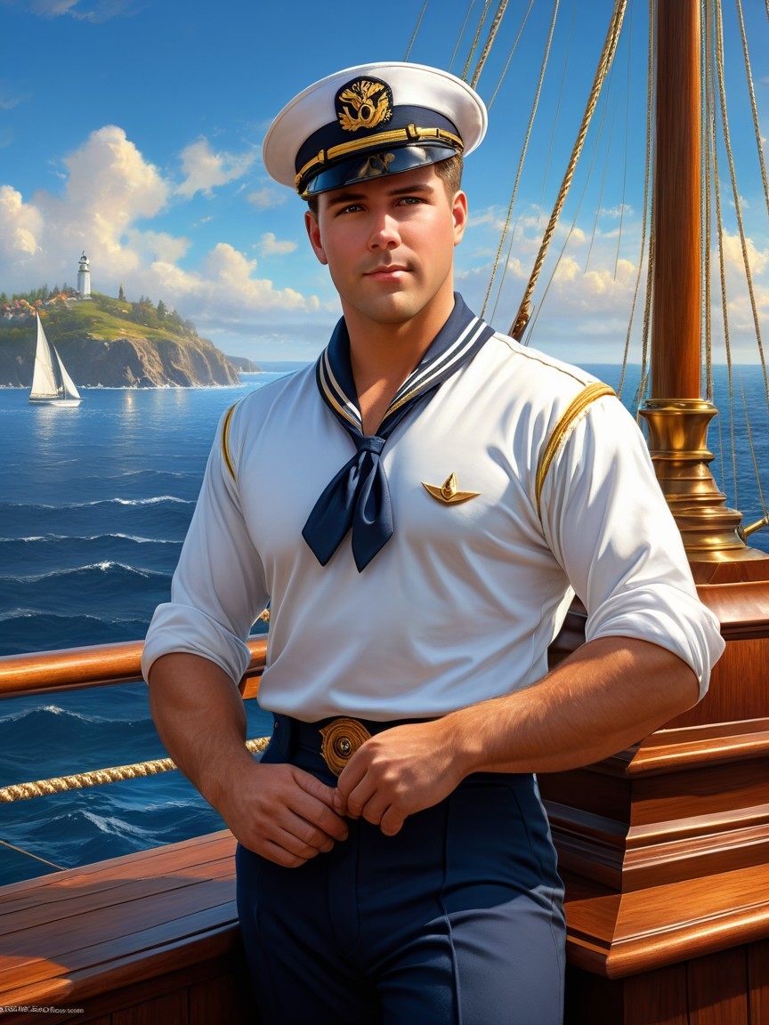 Young Sailor in Naval Uniform on Ship Deck