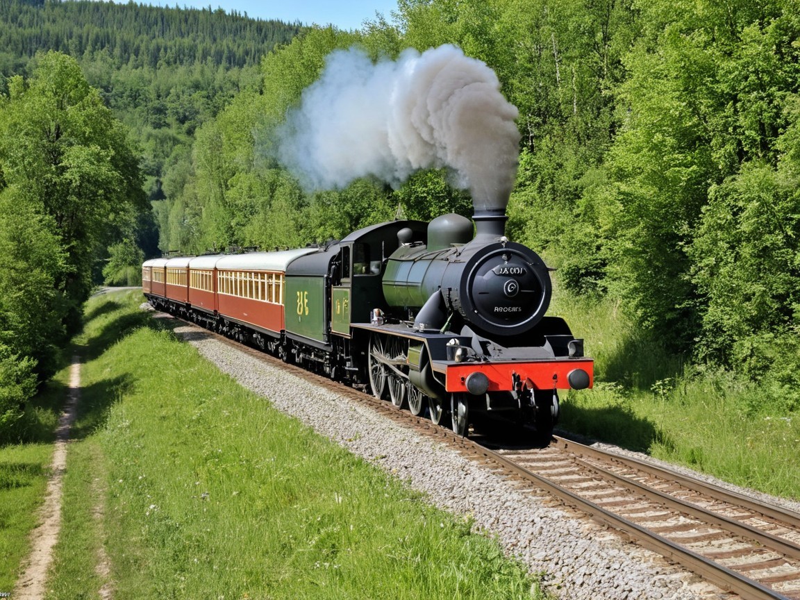 Vintage steam locomotive on lush green tracks
