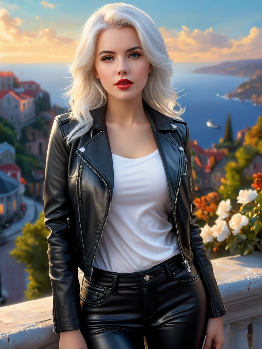 Young woman in leather jacket at coastal sunset