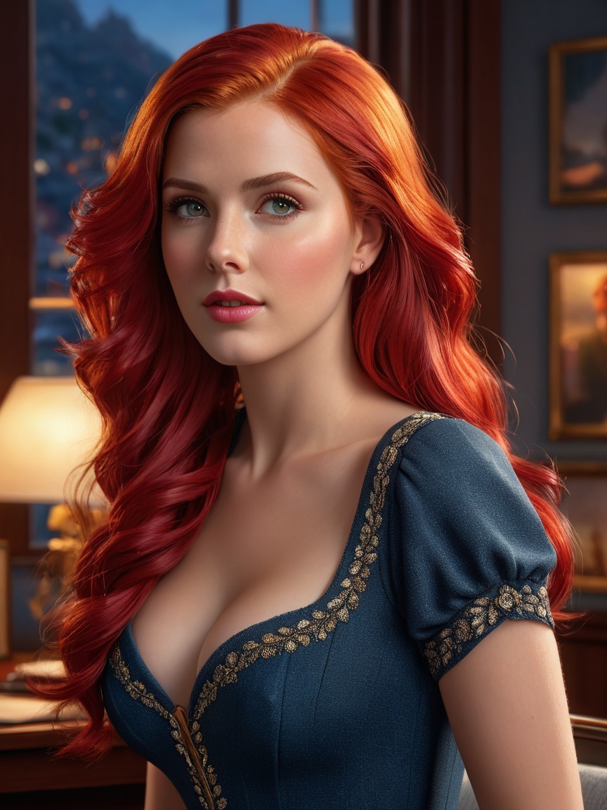 Young Woman with Red Hair in Elegant Blue Dress