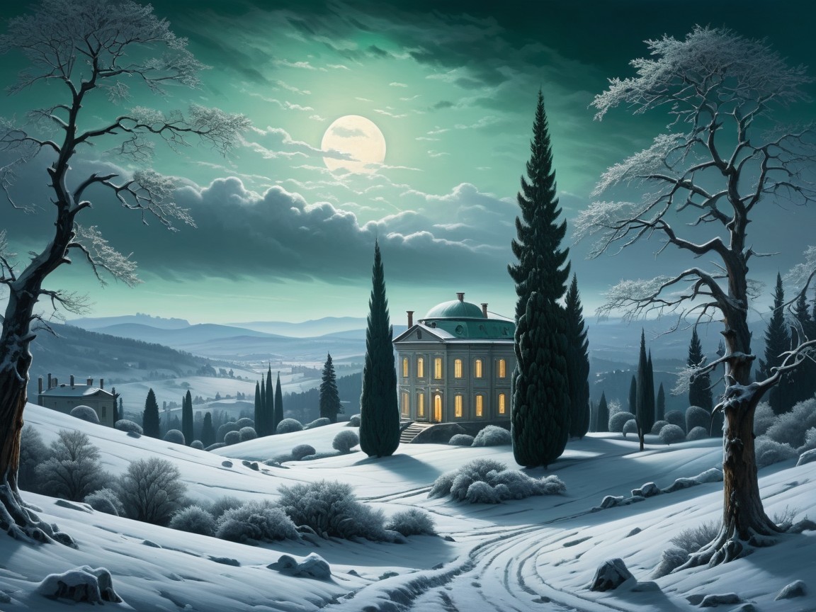 Serene Winter Landscape with Grand House and Moonlight