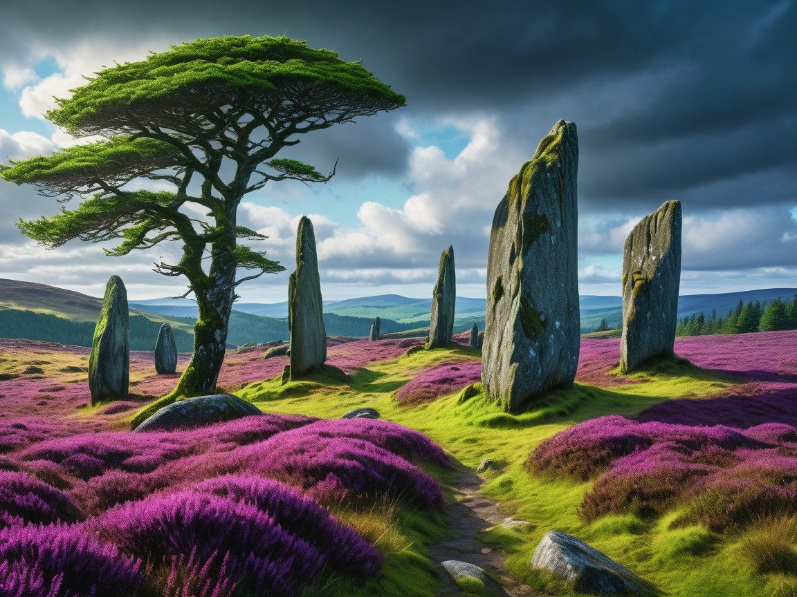 Serene landscape with twisted tree and standing stones