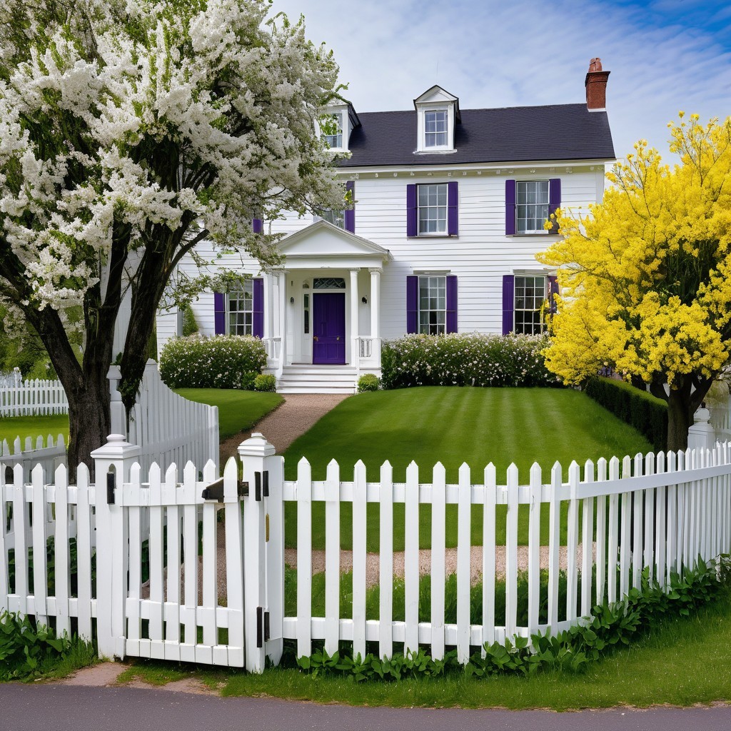Two-Story White House with Purple Shutters and Fencing