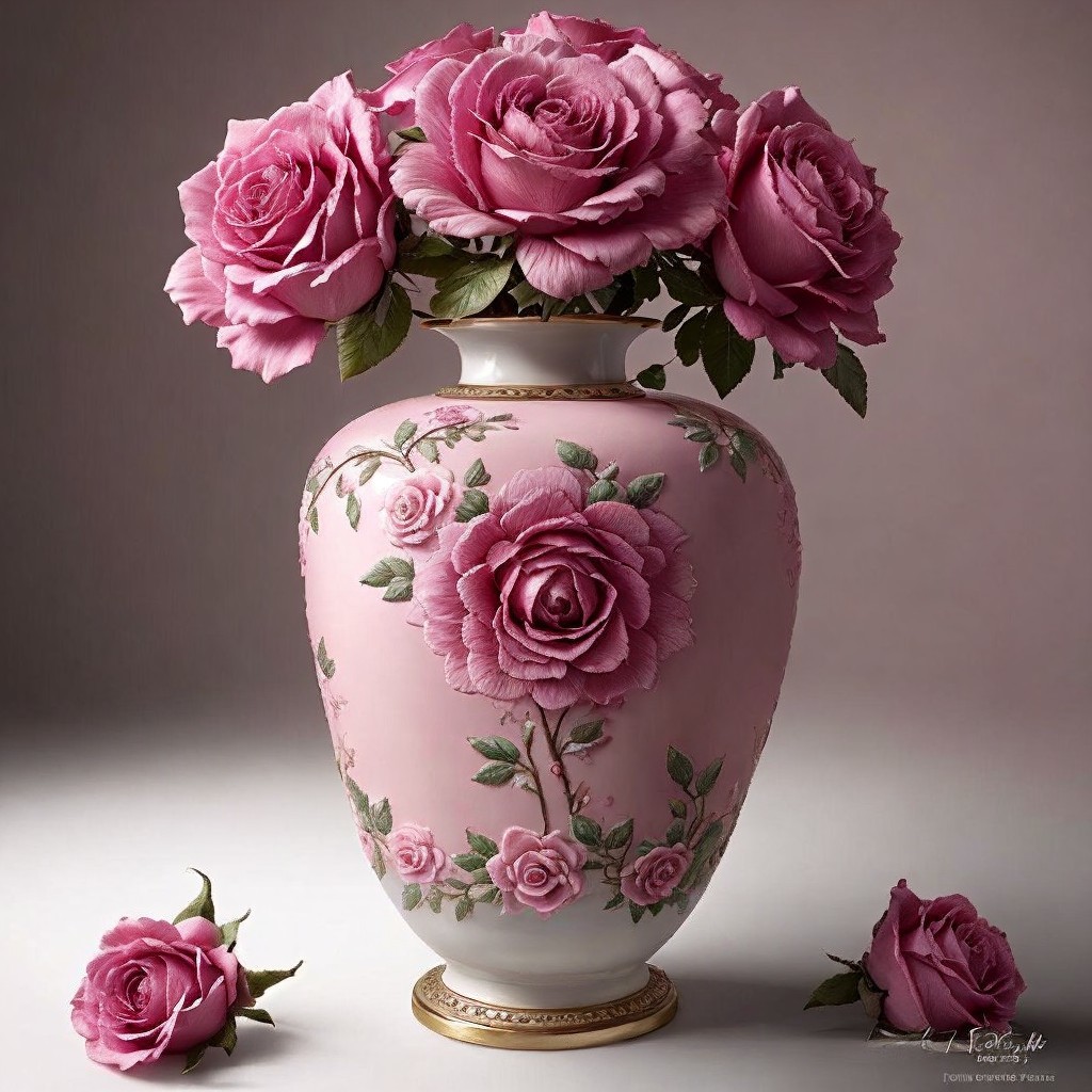 Delicate Pink Vase with Intricate Floral Patterns and Roses