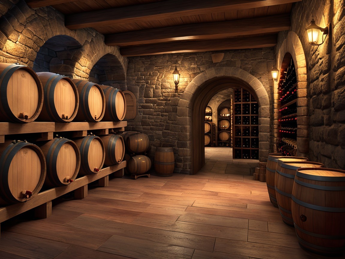 Dimly Lit Wine Cellar with Rustic Stone Walls