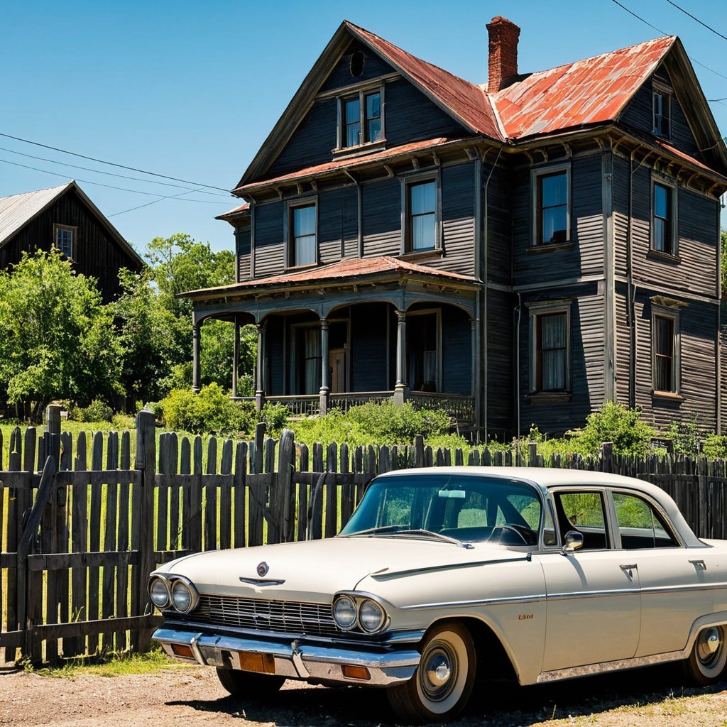 Vintage car near weathered Victorian house and greenery