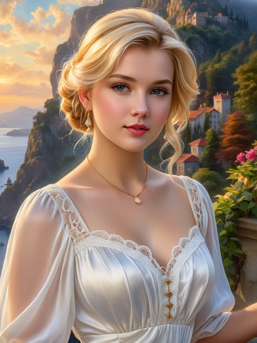 Young Woman in White Dress by Scenic Lake and Mountains