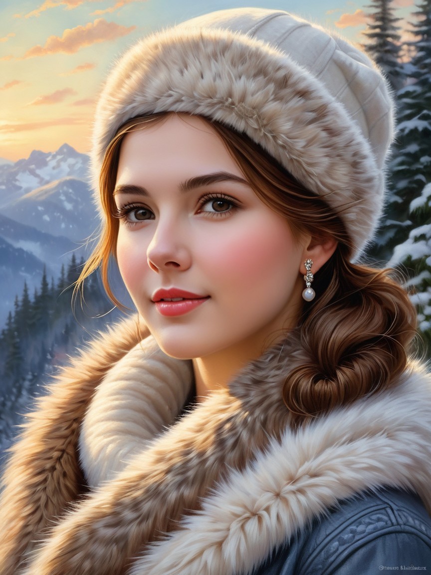 Young Woman in Fur Coat Against Winter Landscape