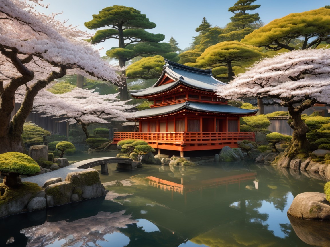 Serene Japanese garden with red pagoda and cherry blossoms