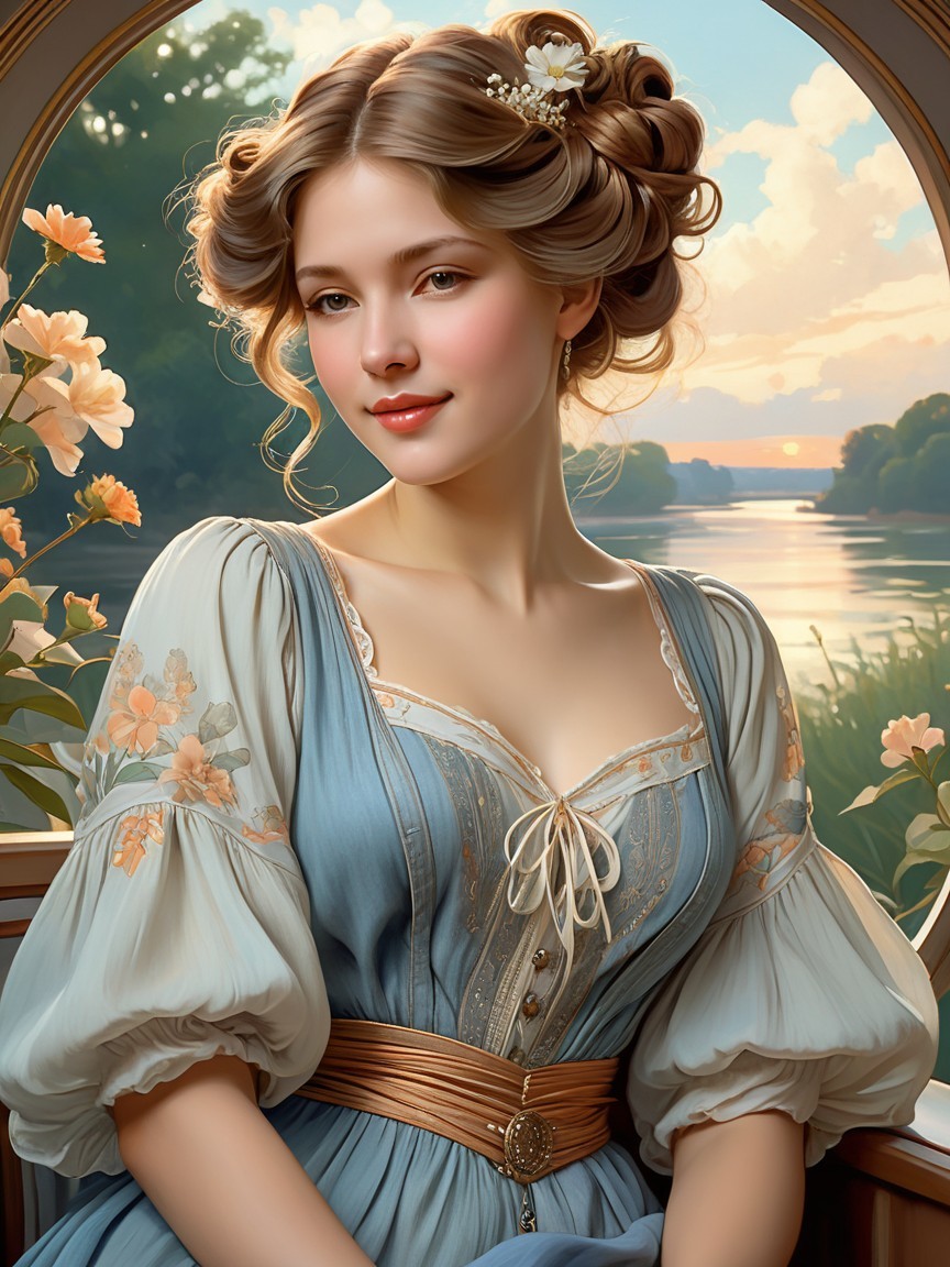 Elegant young woman in detailed dress by a window