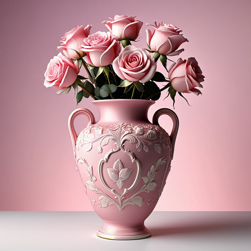 Pink Vase with Floral Patterns and Soft Pink Roses