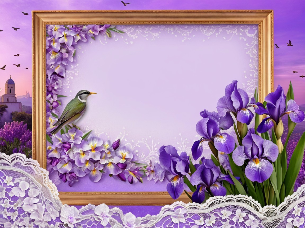 Purple-Themed Floral Background with Bird and Landscape