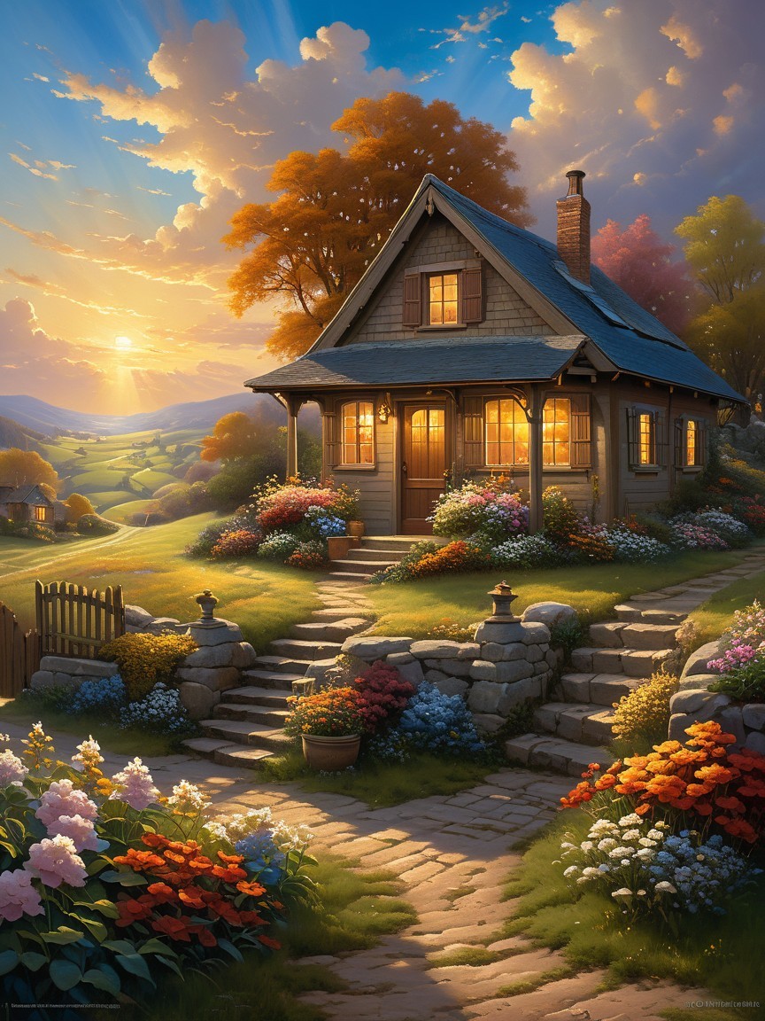 Charming Cottage Surrounded by Vibrant Gardens at Sunset