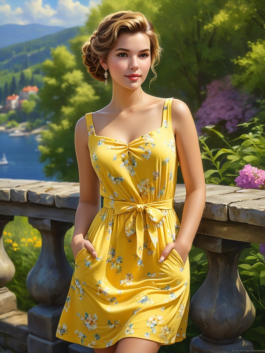 Young Woman in Yellow Floral Dress Outdoors
