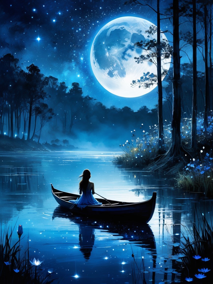 Tranquil Lake Scene Under a Full Moon at Night